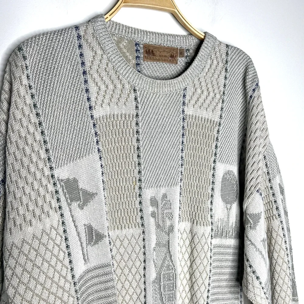 VTG Shenandoah Golf Textured 3D‎ Grandpa Sweater Beige Embroidered USA Sz XL